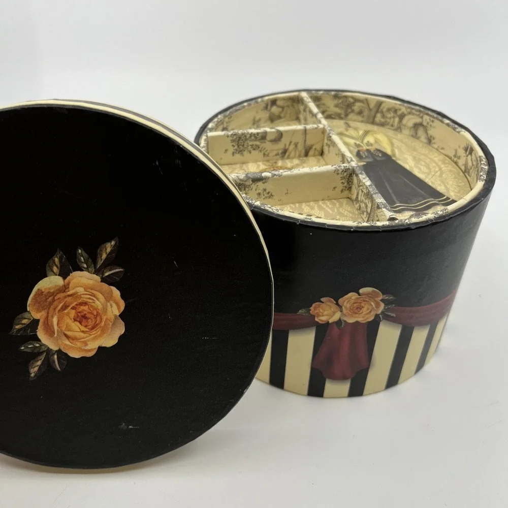 SANDY LYNAM CLOUGH LAURA Paper TRINKET BOX  BLACK STRIPES‎ ROSES 4